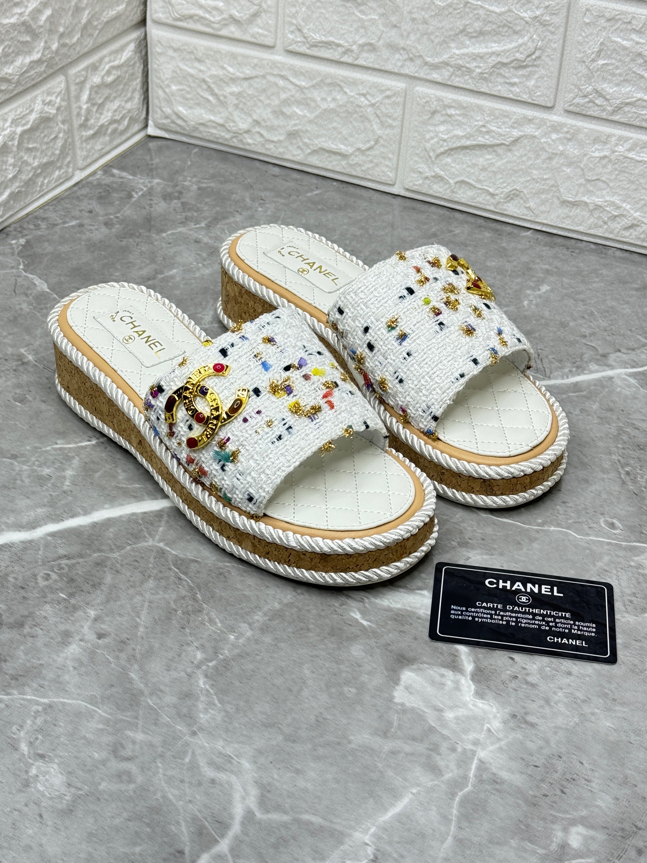 Chanel tweed and leather CC dad flat sandals. image 1