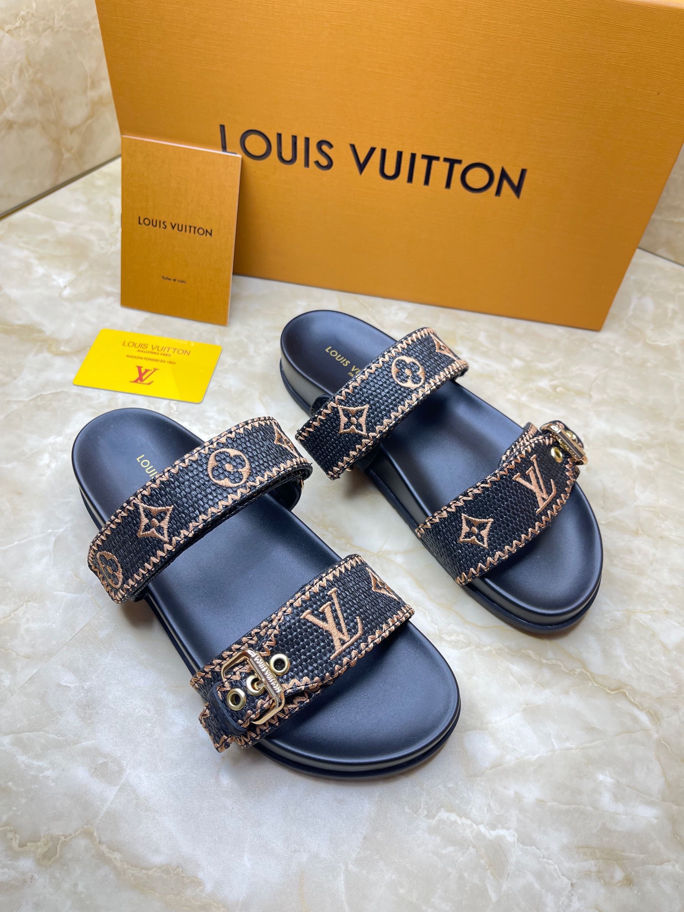 Louis Vuitton Bom Dia flat comfort sandals in Monogram canvas with velcro straps. image 1