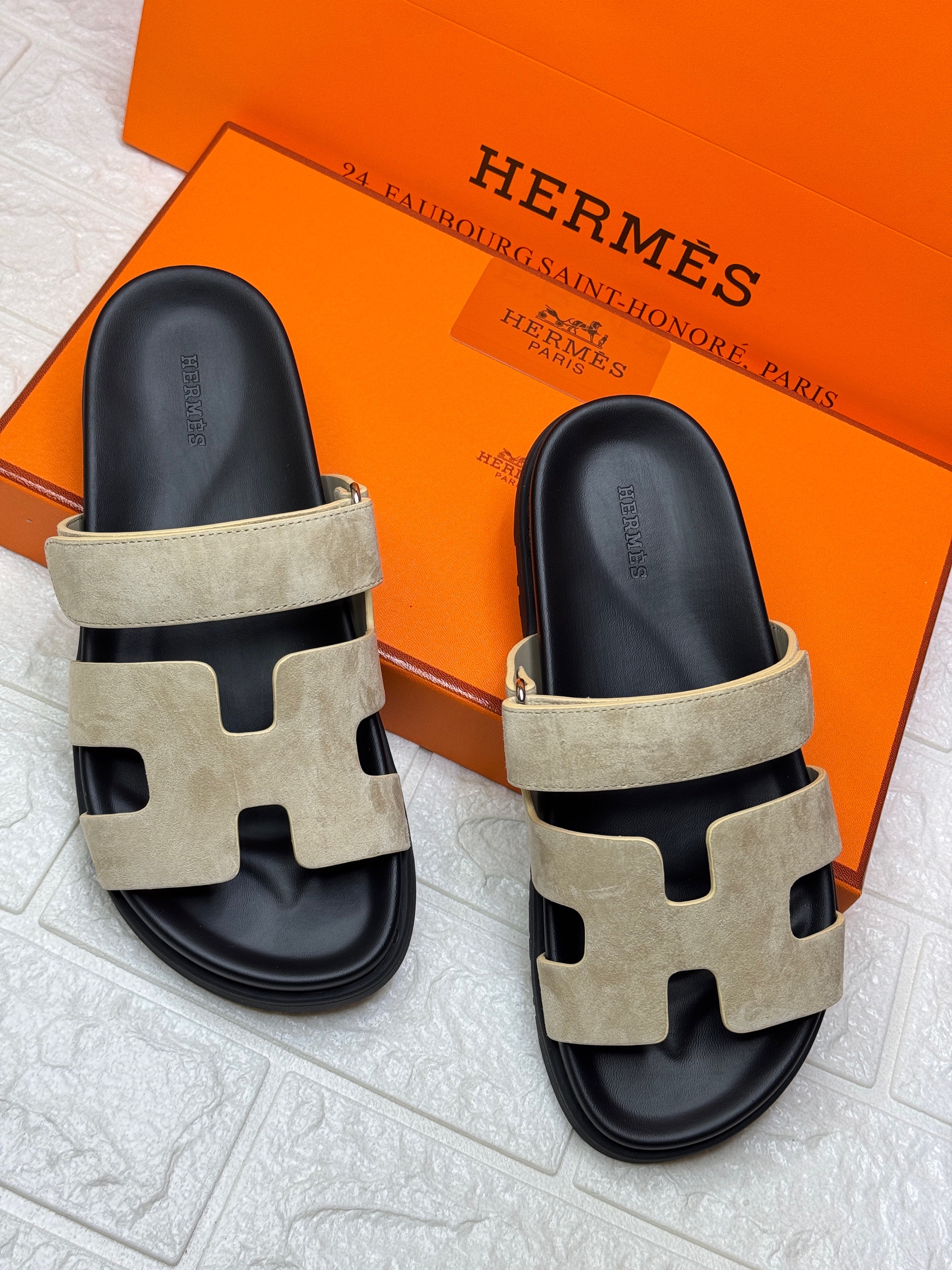 Herm?s Chypre sandals in beige or etoupe suede with anatomical rubber soles and adjustable straps. image 1