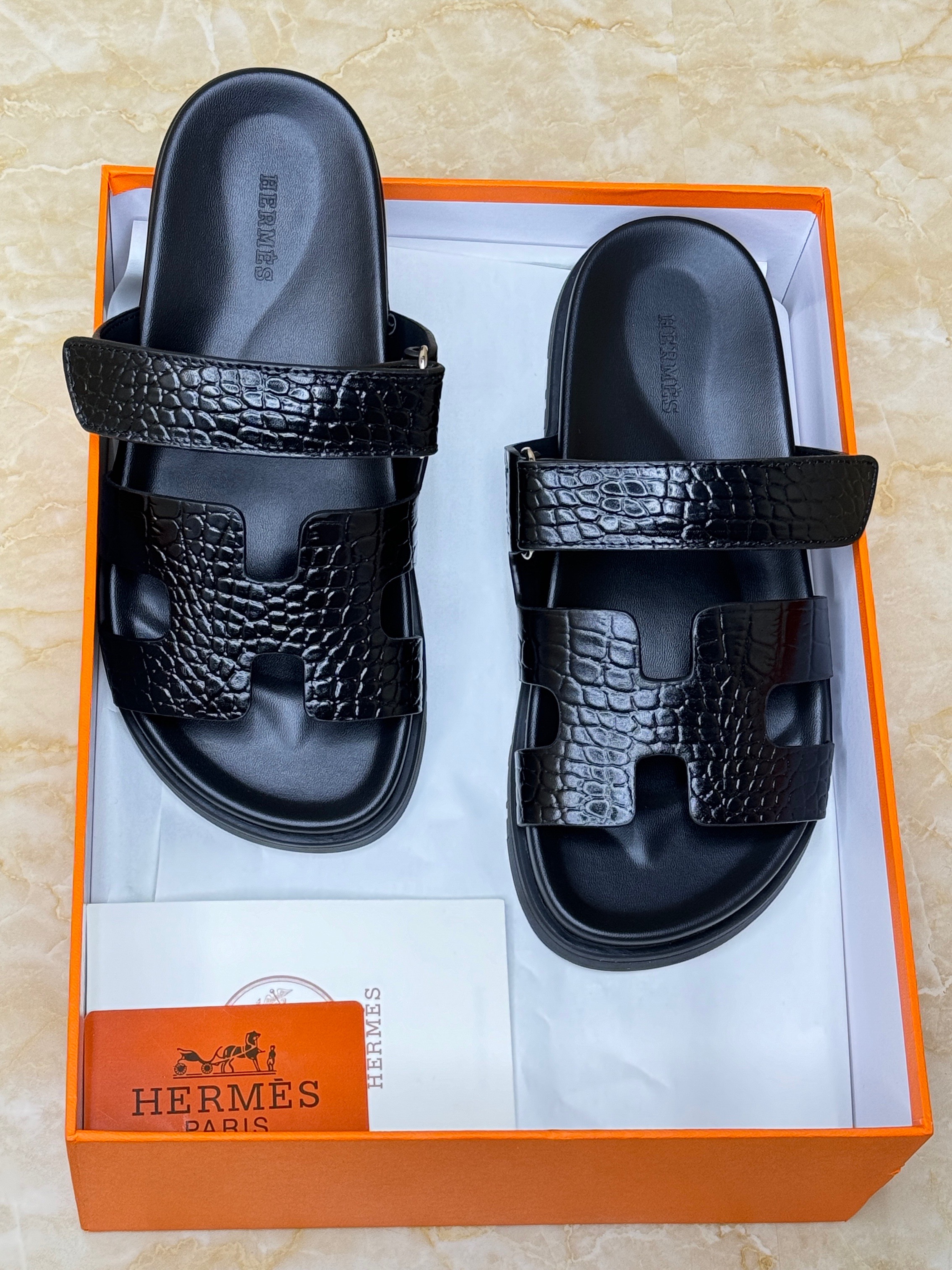 Herm?s Chypre sandals in black alligator or crocodile leather. image 1