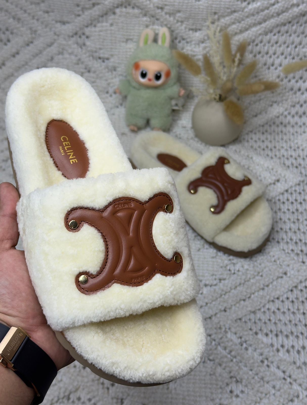 Celine Triomphe Slides in Shearling and Calfskin in beige and brown. image 1