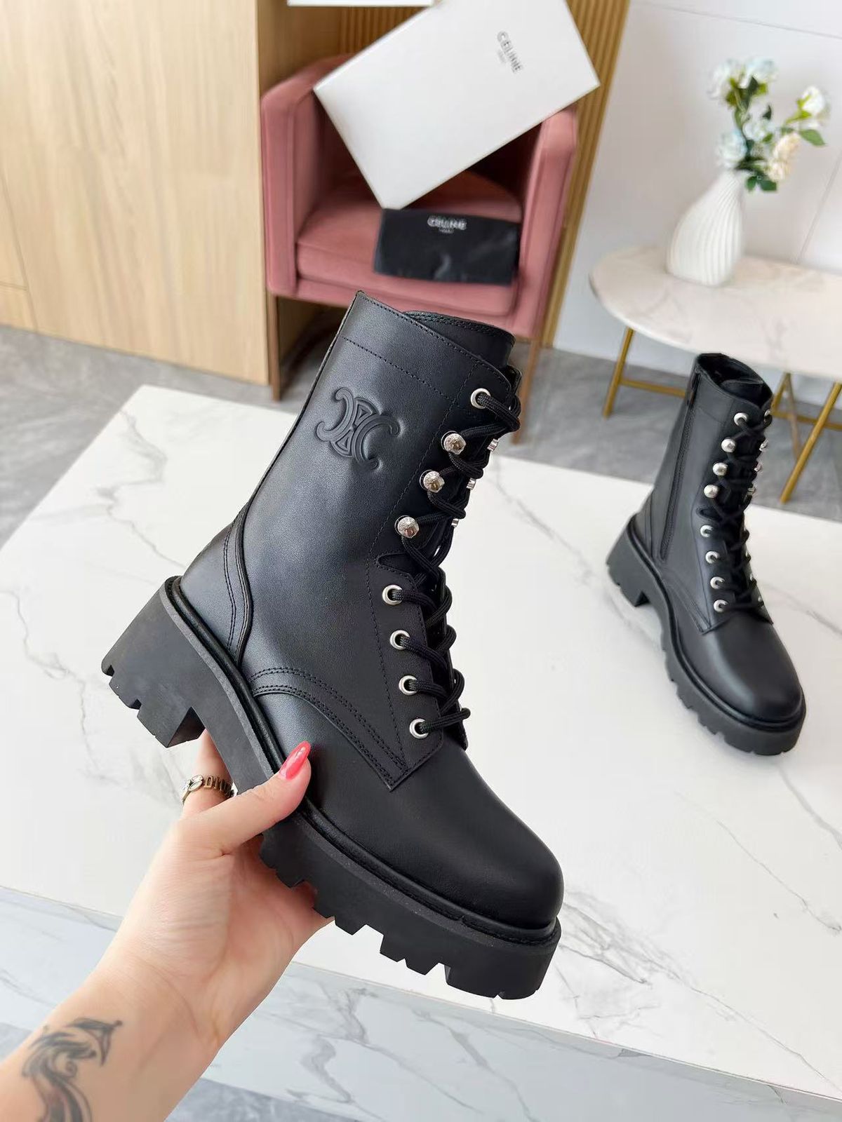 Celine Bulky Laced Up Boots in black nylon and shiny bull leather. image 1