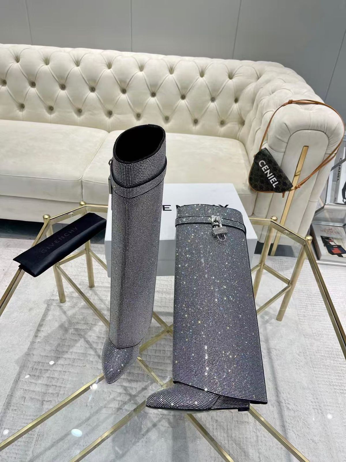 Givenchy Shark Lock pant boots with an all-over strass exterior and metal clasp with silver-finish asymmetrical 4G padlocks. image 1